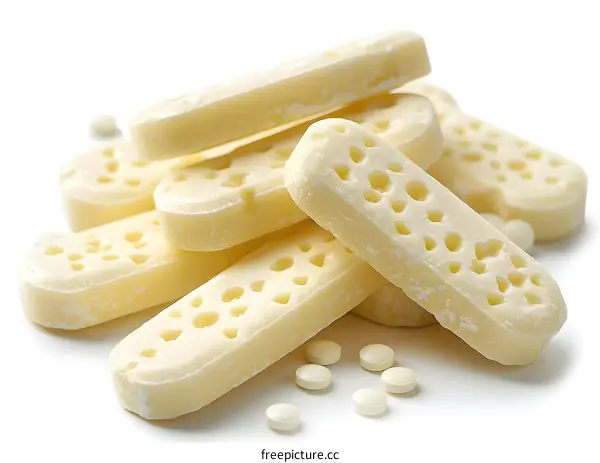 White oblong sweets and pills