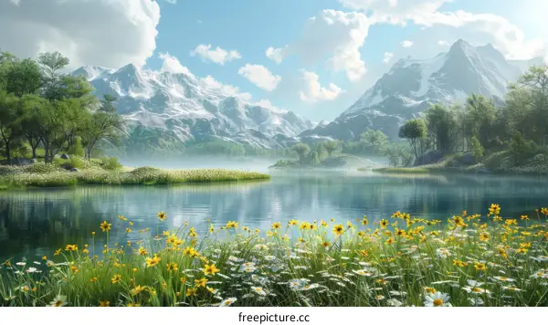 Mountain Lake and Wildflowers