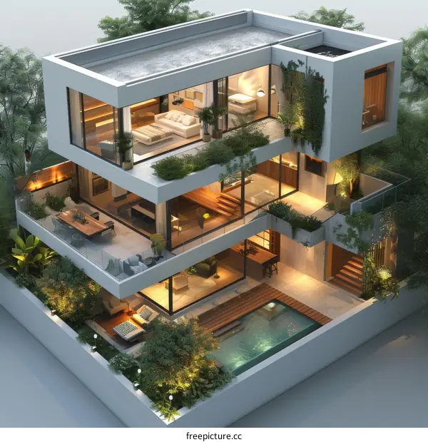 A three-story modern minimalist villa