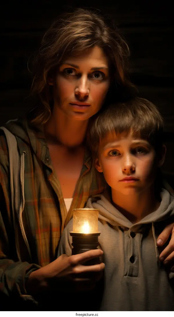 A mother and her son are holding a candle in the dark.