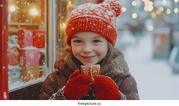 Smiling Girl in Winter Wonderland Holding a Treat
