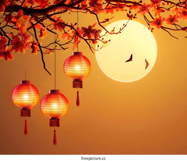 Red Lanterns Hanging From Tree Branch With Sun and Birds in The Sky