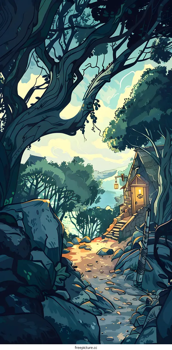Illustrated Forest Landscape with a Cottage