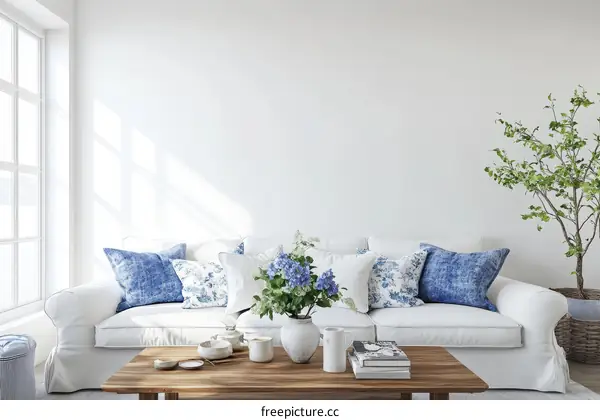 White Living Room with Blue Accents