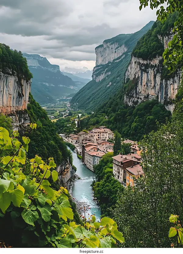 Aerial View of a River Valley in the French Alps