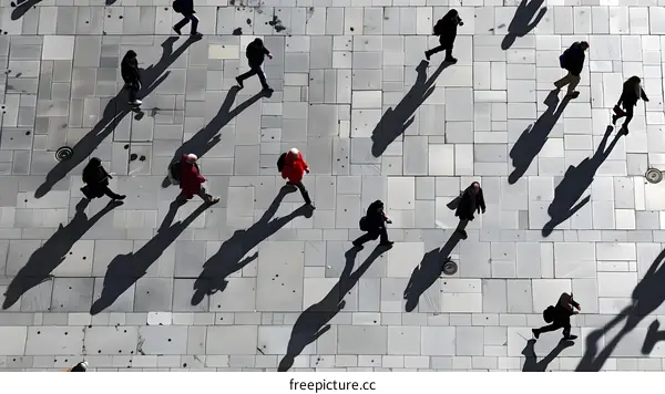 Aerial View of People Walking on a Paved Street