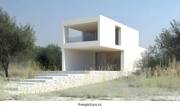Modern White House with Olive Trees and Stone Steps