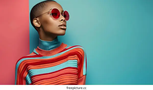 Fashionable African American Woman with Short Hair Wearing Bright Red Sunglasses and Colorful Striped Sweater