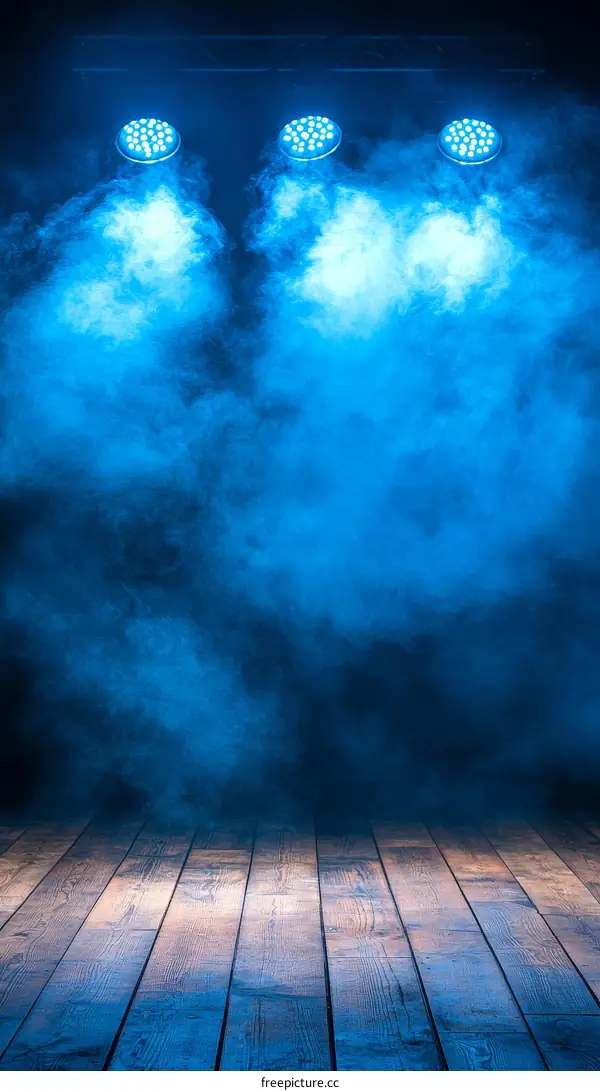 Blue Stage Lighting with Smoke Effect on Wooden Floor