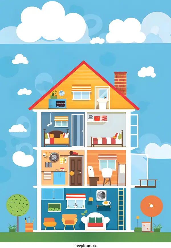 Cartoon Illustration of a Yellow House with Cut Out Interior Rooms and Exterior