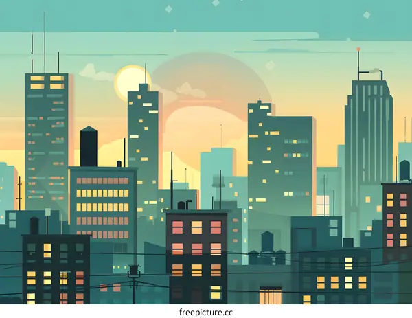 Cityscape Illustration With Sunrise Over Skyscrapers