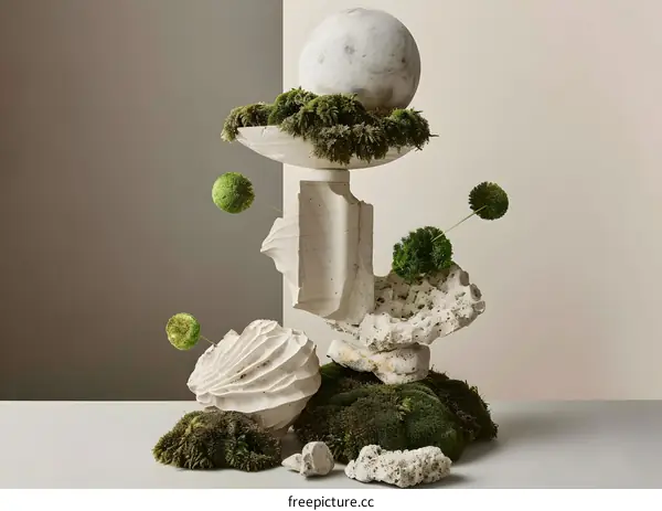 Abstract Sculpture with Green Moss and Stone