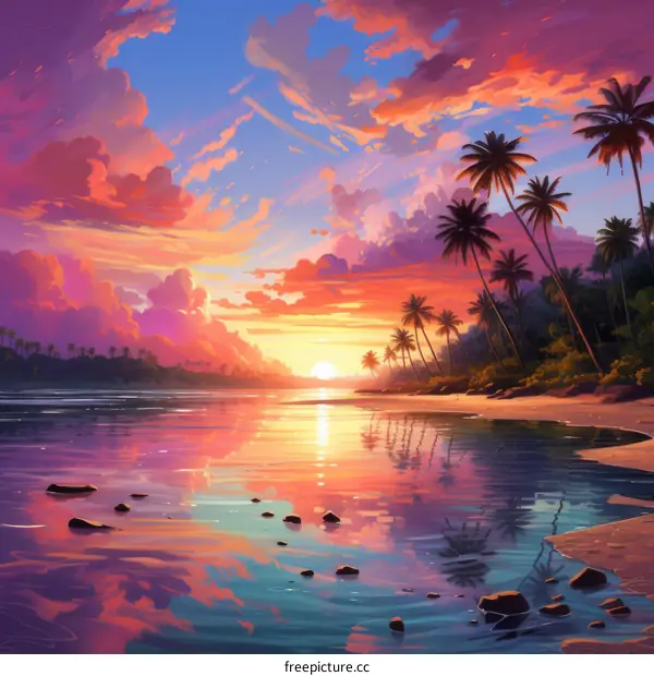 Tranquil Sunset Beach with Palm Trees and Calm Sea