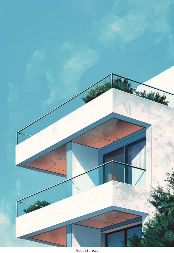 Modern architecture of a residential building with balconies and large windows