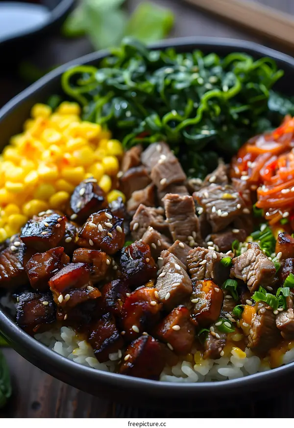 A bowl of Korean food with beef, pork, vegetables, and rice