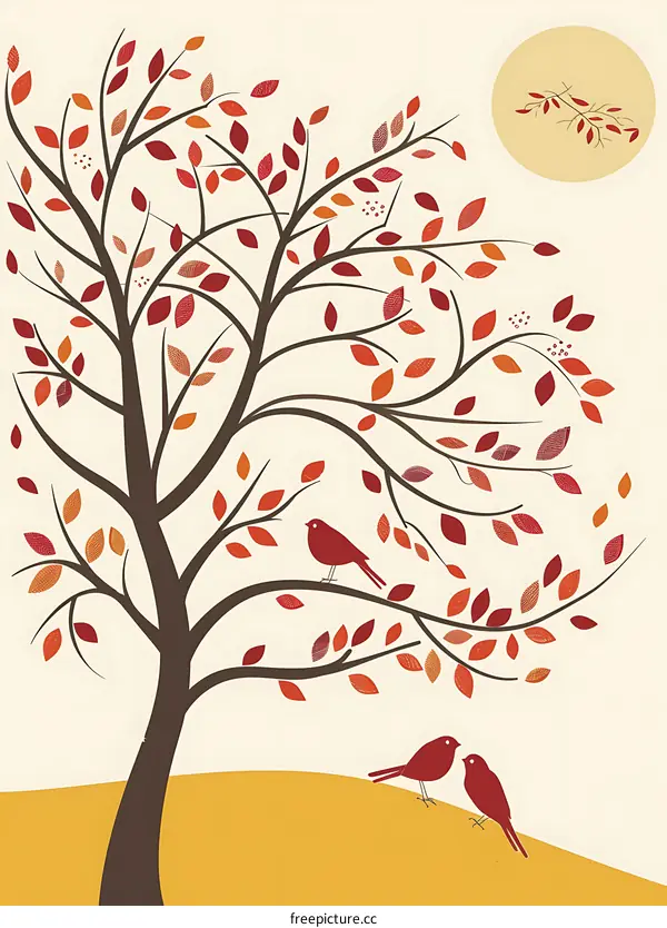 Autumn Tree with Birds and Yellow Ground