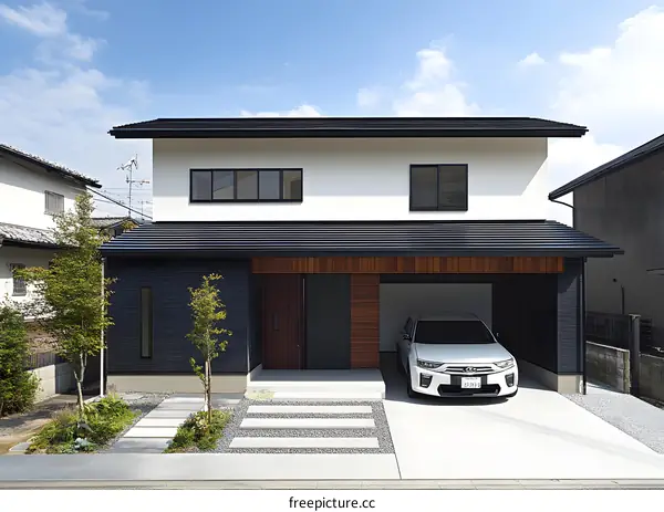 Modern Japanese House with Black Roof and White Walls