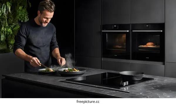 Man Cooking in Modern Kitchen with Black Appliances