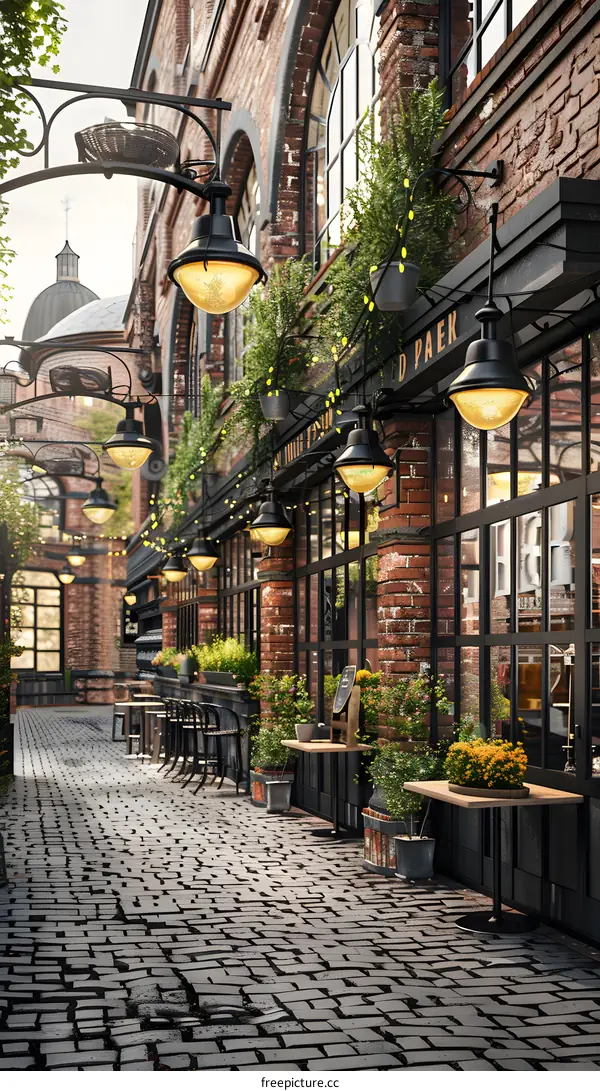 Cobblestone Street With Brick Building And Street Lights
