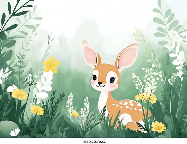 Cute Cartoon Deer In Flower Field Illustration