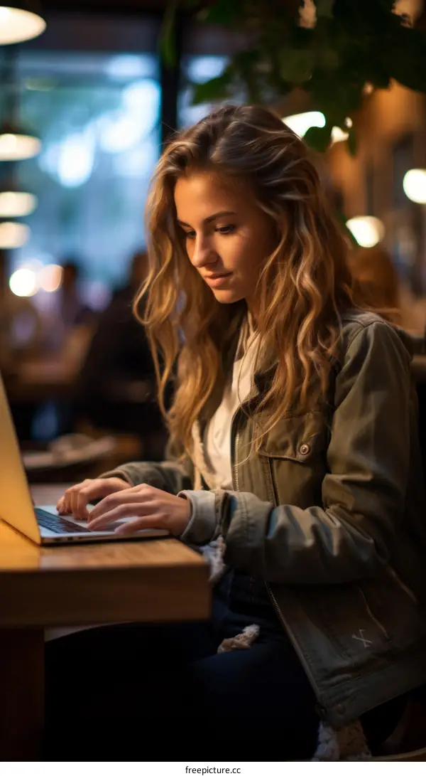 Young woman working on laptop in cafe
