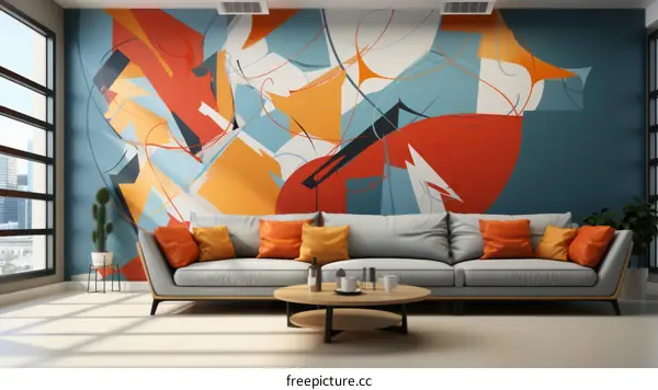 vibrant and colorful abstract painting on the wall behind the couch