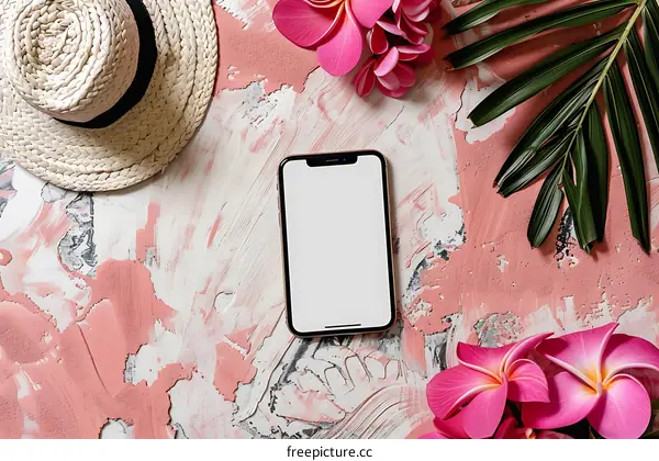 Pink Tropical Background with Smartphone and Flowers