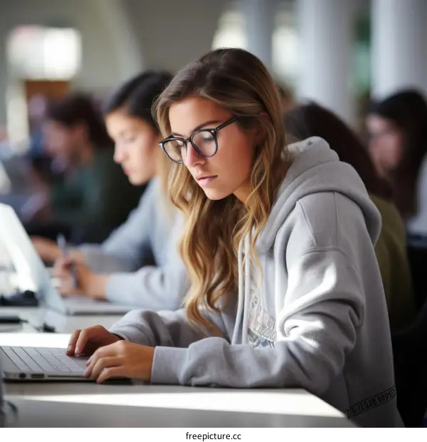 Focused young female student using laptop in library