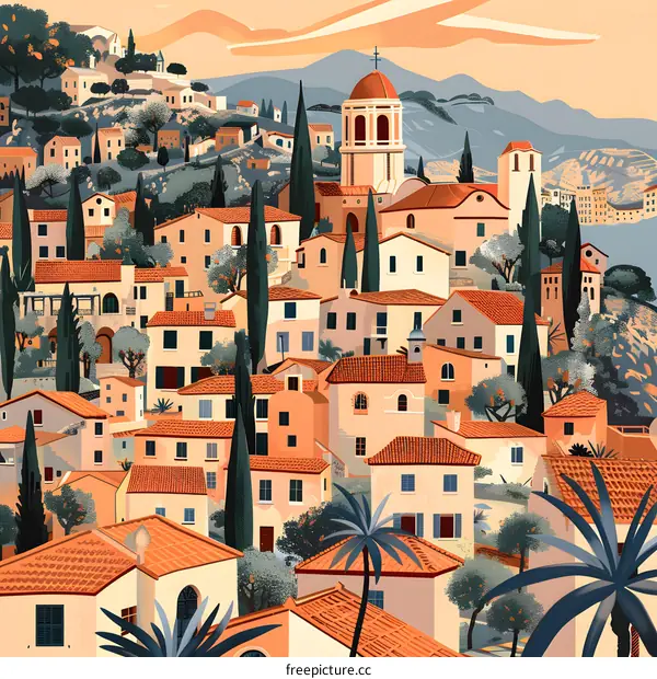 Mediterranean Village Illustration with Orange Roofs and Palm Trees