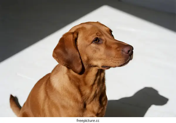 A close-up view of a brown dog sitting on a white surface
