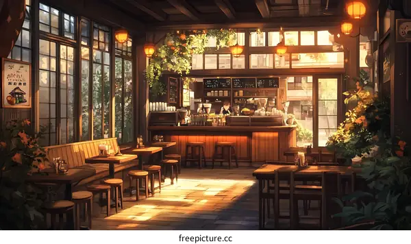 Charming Cafe Interior Illustration with Warm Sunlight