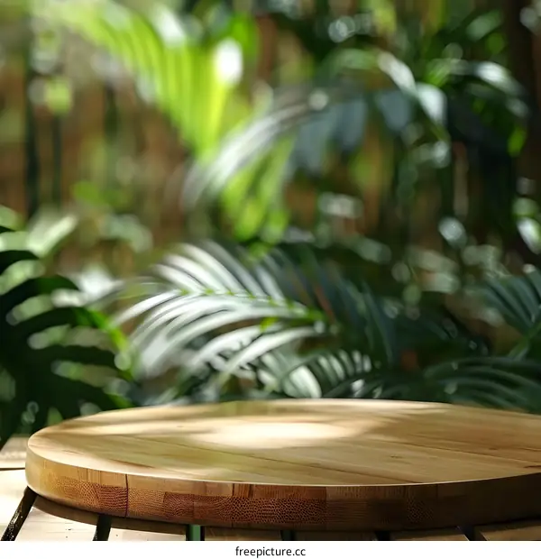 Empty Wooden Table Top With Green Plants Background