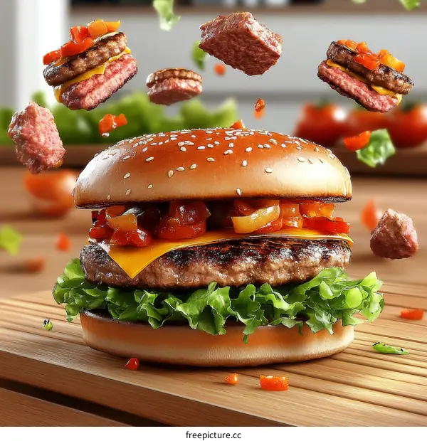 Delicious Flying Burger on Wooden Table