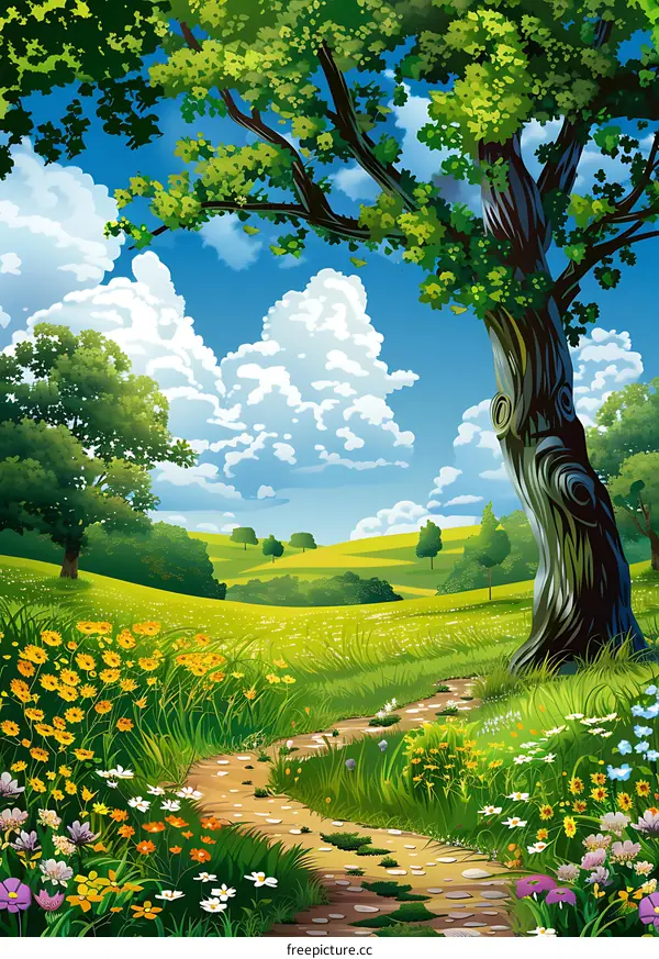 Summer Meadow With Winding Path and Flowers