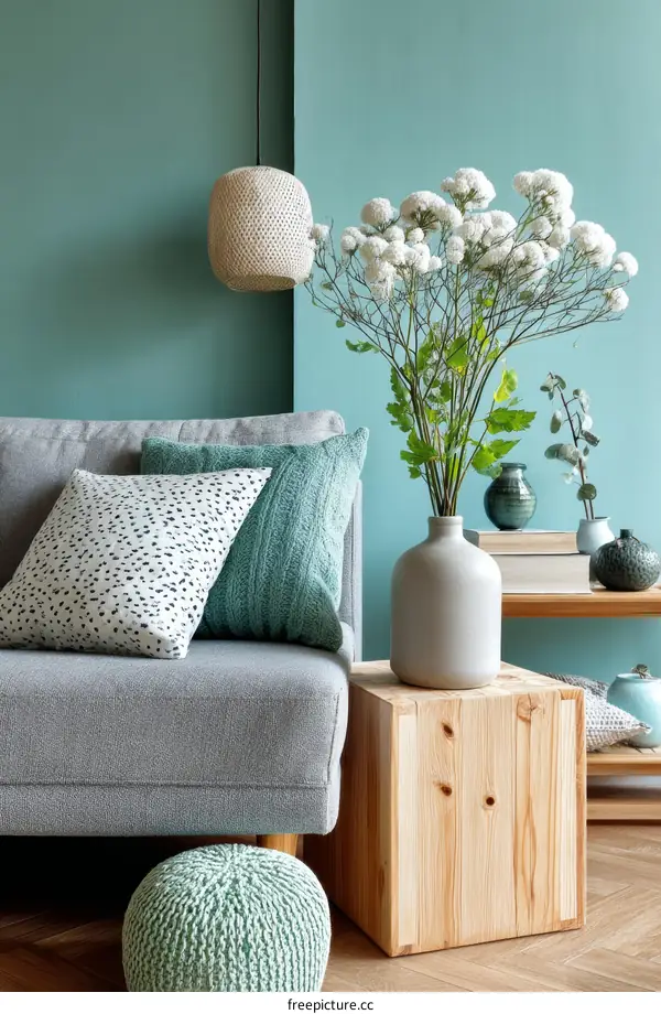Modern Living Room Interior Design with Teal and Natural Elements