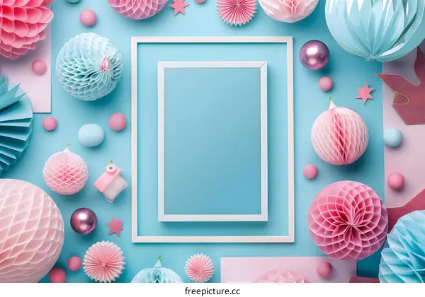 Pink and Blue Paper Decorations with White Frame