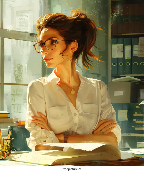 portrait of a beautiful young woman in glasses standing in front of a window