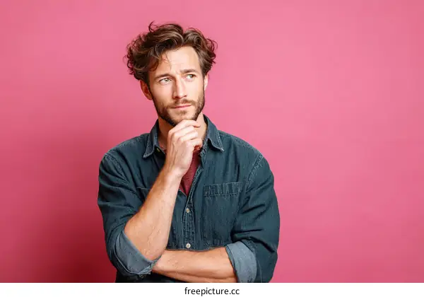 Caucasian Man Thinking in Front of Pink Background