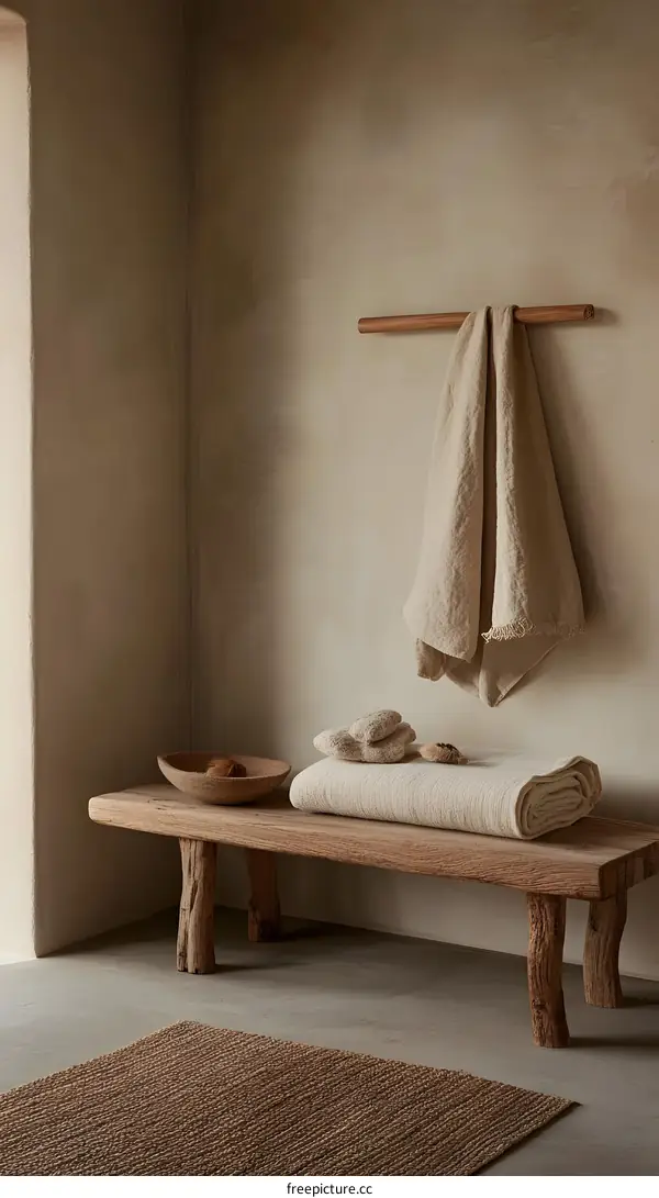 Minimalist Interior Design With Wooden Bench and Towel