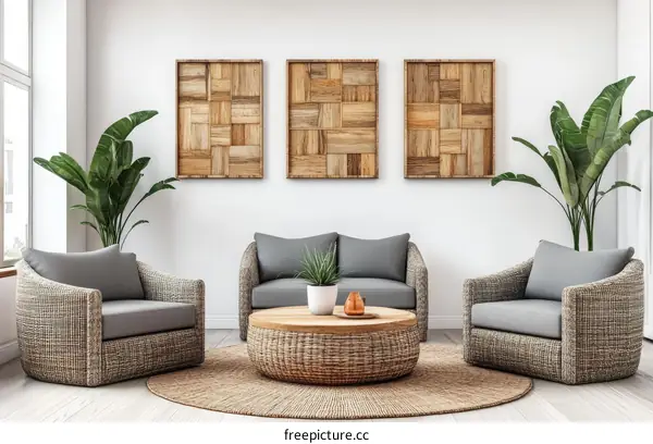 Modern Living Room with Woven Furniture and Wooden Wall Art