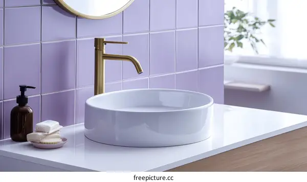 Modern Lavatory Vanity with Purple Tiles