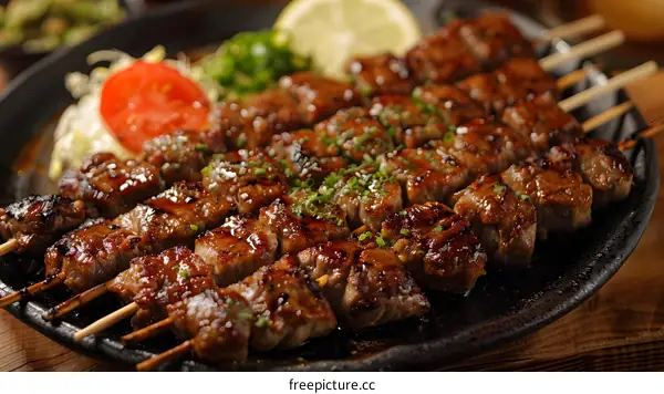 Beef skewers on a hot plate