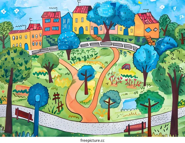 Watercolor Painting of a Colorful Town Park