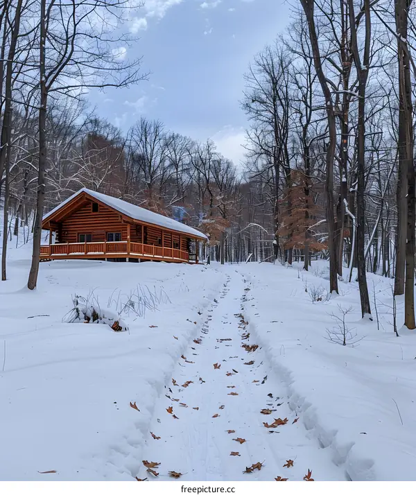 Snowy Path Leading to Cabin in the Woods