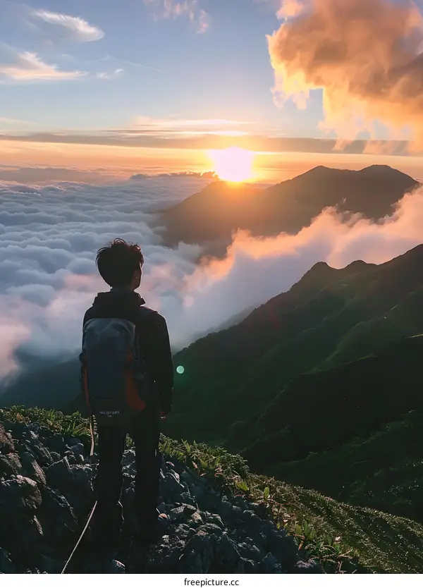 Mountaineer looks out over a sea of clouds at sunset