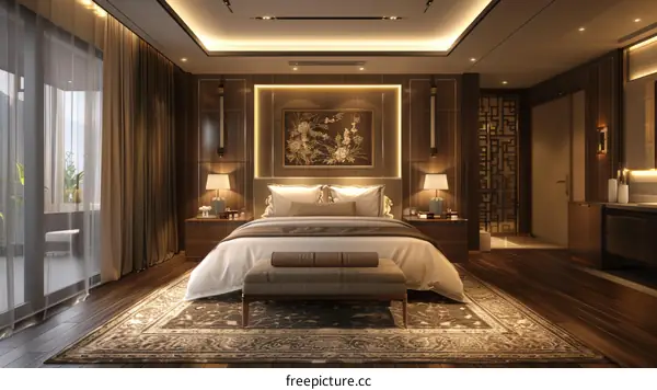 Luxury Hotel Suite with Sophisticated Decor and Marble Bathroom