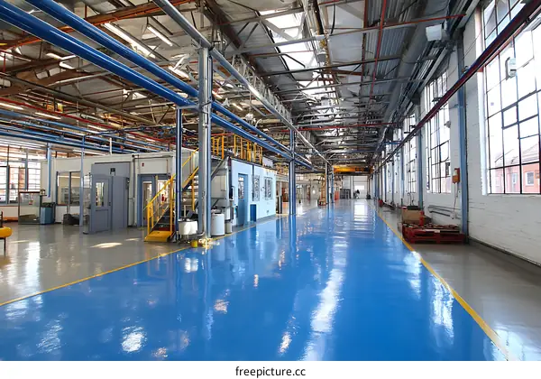 Industrial Factory Interior with Blue Epoxy Floor