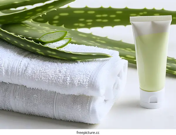 Aloe Vera Plant and Cream with White Towel on White Background