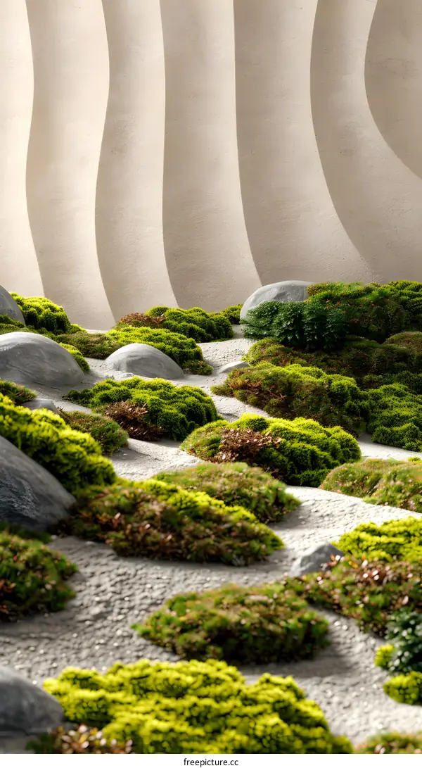 Zen Garden with Curved Wall and Moss