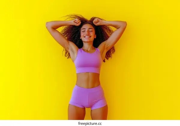 Young Woman in Exercise Outfit against Yellow Background